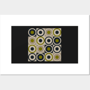 Retro Square and Circle Tile Olive Black and Cream Posters and Art